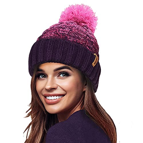 Image of RockJock STORMACTIVE 100% Waterproof Ladies Unisex Chunky Ombre Warm Winter Teddy Fleece Lined Knitted Pompom Beanie Hat-Purple/Pink