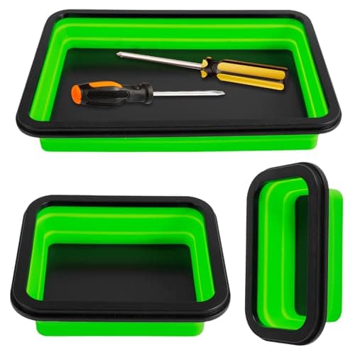 Image of 3Pcs Collapsible Magnetic Parts Tray Set 3 Different Size Magnetic Tool Tray Silicone Foldable Tool Holder for Screw, Bolts, Nuts, Washers, Pins and Other Small Metal Parts(Green)