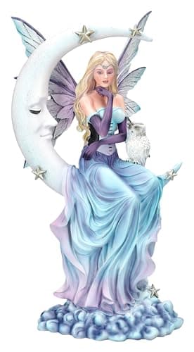 Image of Dream Guardian Elf on the Moon Figurine 34 cm - Owl, Clouds, Stars, Fairy, Novelty Decoration
