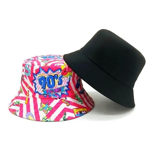 Image of ZJEEACO 90s Pink Bucket Hat, Unisex Reversible Festival Bucket Hats Men Women, Packable Double-Sided Sun Hat, Rave Party Outfit Dress Accessories Fisherman Hat for Outdoor Sports Hiking Beach