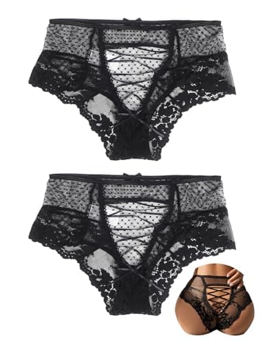 Image of ohmydear Women's Knickers 2 Pack Lace Thong Black Sexy Panties Plus Size Cross Underwear High Waist Knickers Cute G String Hollow Bikini Briefs, Size 16