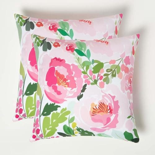 Image of HOMESCAPES Set of 2 Outdoor Cushions Waterproof, Pink Peony Flowers Filled Garden Cushion, Hypoallergenic Polyester, Decorative Pillows for Indoor & Outdoor Patio, Benches & Sofa - 45 x 45cm