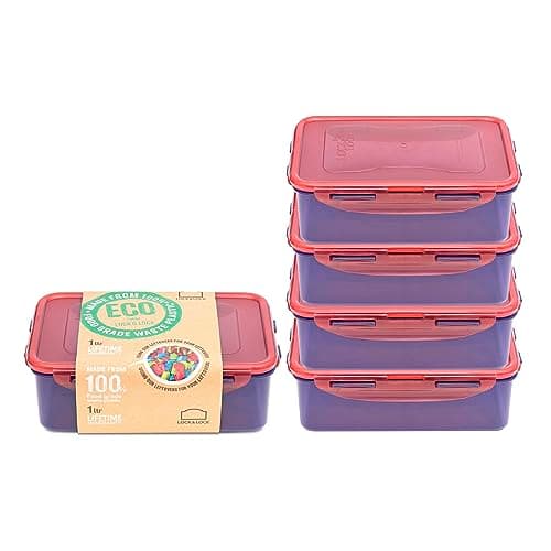 Image of LocknLock Eco Rectangular Food Containers with Lids Set of 5 - Plastic Airtight & Watertight Food Storage Containers, BPA Free & Dishwasher Safe, 5 x 1L