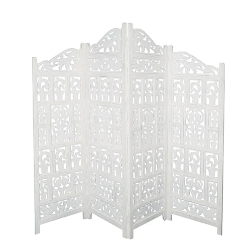 Image of Topfurnishing 4 Panel Room Divider Free Standing Mango Wood Hand Carved Folding Screen Partition Privacy Screen Decorative Headboard (Gamla Design, White, 200 x 180 cm)