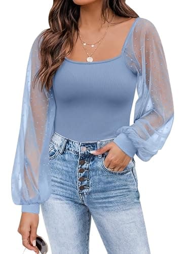 Image of Timuspo Womens Summer Tops Mesh Polka Dot Long Sleeve T Shirts Ribbed Knit Lightweight Blouse Cute Casual Wear Blue Tshirt M