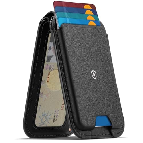 Image of SHIELDON Compatible with MagSafe Wallet, Genuine Leather Magnetic Card Holder, RFID Blocking & ID Window, Fit 6 Cards, Magnetic Wallet Stand for iPhone 17/16/15/14/13/12 Pro/Pro Max Series - Black