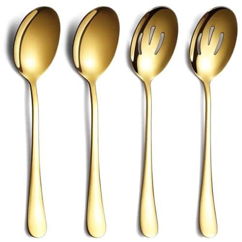 Image of Gold Serving Spoons 4 Pieces, ReaNea Stainless Steel Serving Utensils Set inclunde 2 Serving Spoon 2 Serving Slotted Spoons, Dishwasher Safe