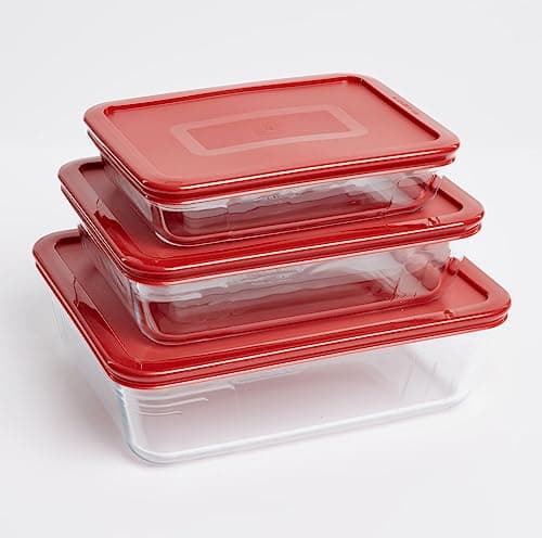 Image of Pyrex® Cook & Freeze Set of 3 Glass Dishes with Airtight Lids (0.8 L, 1.5 L, 2.6 L) Special freezing and storing | BPA Free | Kitchen | Roasting |Storing (Red - Pyrex® Cook & Freeze Set of 3)
