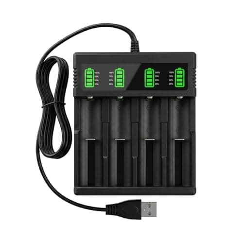 Image of 18650 Battery Charger 4 Slot, USB Battery Charger for 3.7V Li-ion Rechargeable Batteries, Universal Battery Charger AA AAA Compatible with 18650 26650 21700 with LED Display and USB Cable