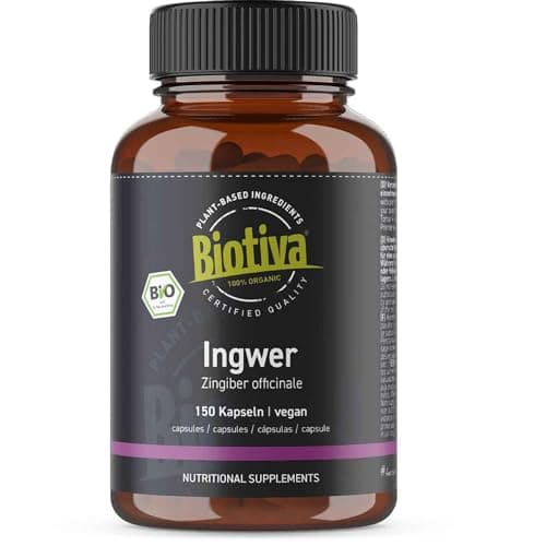 Image of Biotiva Ginger Organic 150 Capsules - 400 mg per Capsule - Excellent Value - Guaranteed Without additives - 100% Vegan - Manufactured and Controlled in Germany (DE-ECO-005)