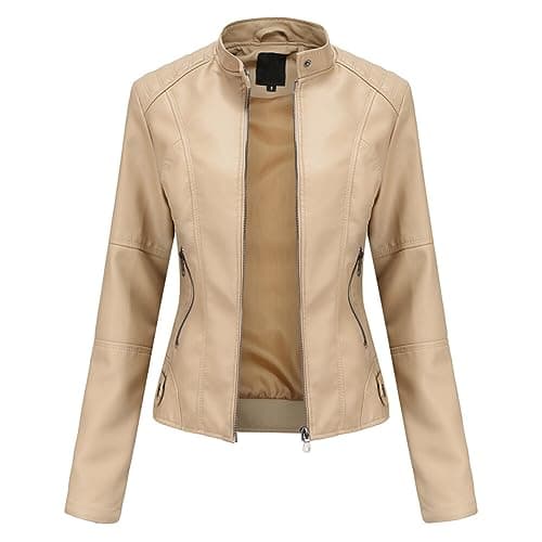 Image of YYNUDA Leather Jacket Women PU Biker Moto Jacket Zip Up Classic Short Bomber Jacket Standing Collar Motorcycle Coat Beige L