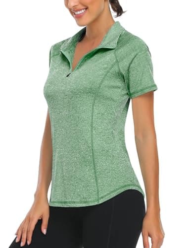 Image of Syphiby Women's Green Geometric Tie-Dye Polo Shirt, Medium, Raglan Sleeve, V-Neck Collar, Zipper, Regular Fit, Sports Top, Athletic, Women's Athletic Polo Shirt