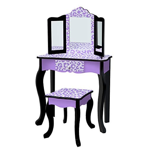 Image of Teamson Kids Fantasy Fields Fashion Prints Vanity Table and Stool Set, Purple/Black, Leopard, TD-11670J