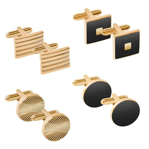 Image of 4 Pairs Cufflinks, Cuff Links Men'S Cufflinks Shirts Striped Disc Square Rectangle Cuff Links for Business Wedding Party Gift (Gold)