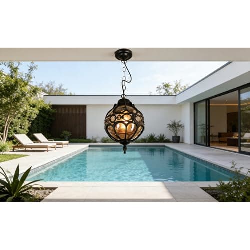 Image of Chao Zan Retro Black Outdoor Pendant Lamp - Round Hanging Light - 1xE27 - Waterproof IP55 for Dining Room, Balcony, Pavilion, Corridor - Antique Style - Φ18 * 27 cm