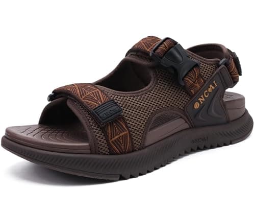 Image of ONCAI Walking Sandals Men,Arch Support Hiking Trail Man Fisherman Sandals,Breathable Mesh Water Beach and Orthopedic Father Sports Recovery Slides with Adjustable Strap Brown Size 10.5