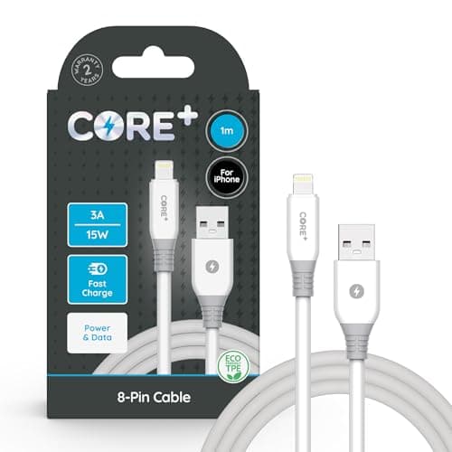 Image of CORE+ | 1M 8-Pin to USB A iPhone Charger Cable 3A/15W | Fast Charging | Compatible with iPhone, iPad, Airpods + Pro Max, Mini, Plus | iPhone 15, 14, 13, 12, 11, 10, SE & All Models 5+