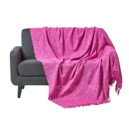 Image of HOMESCAPES Nirvana Cerise Pink Handwoven 100% Pure Cotton Throw 90 x 100 Inches, Bedspread Blanket with Handknotted Tassles in Very Durable and Heavy Quality, Easy-Care and Washable at Home