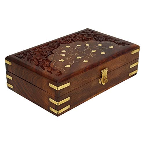 Image of Ajuny Handmade Wooden Jewellery Box with Brass Inlay for Women | Hand carved Multipurpose Keepsake Storage Travel Organizer | Vintage Decorative Chest Trinket Holder Gift - 8x5