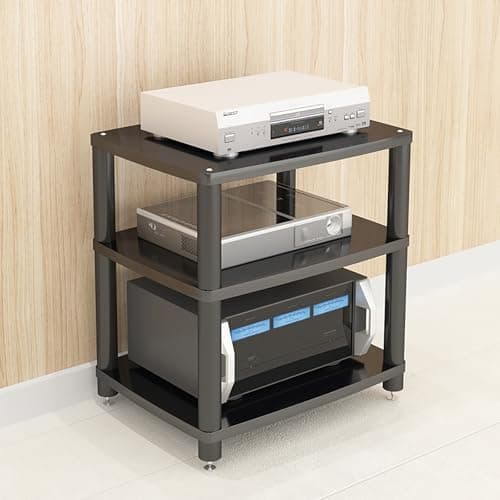 Image of Multi-Functional Black CD Display Cabinet - Modern AV Media Stand & Gaming Shelf Corner TV Stand & DVD Projector Shelf Easy to Assemble for Living Room & Home Theater (60x40x6)
