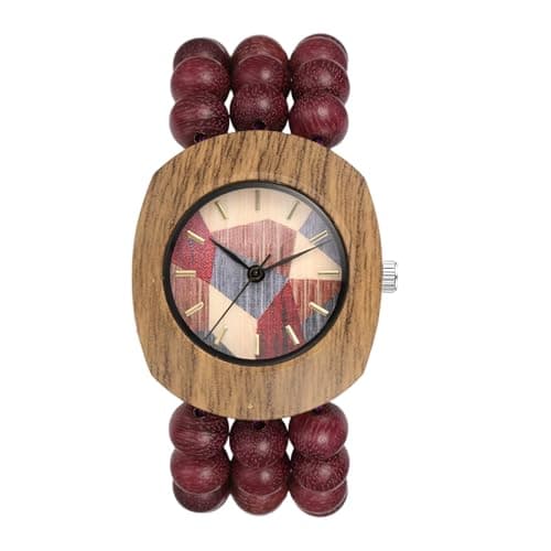 Image of JewelryWe Bohemian Wooden Elastic Watch: Handcrafted Tonneau Beaded Wood Bracelet Watches Colorful Dial with Stretch Band Analog Quartz Wristwatch for Women