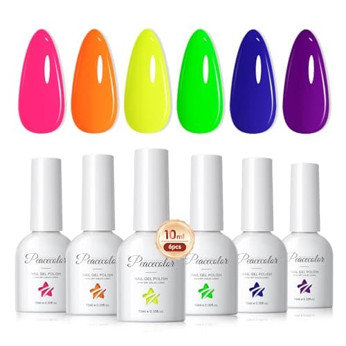Image of PEACECOLOR Neon Gel Nail Polish, 10ML 6 Colors Hot Pink Orange Yellow Purple Green Blue Gel Polish Kit, Fluorescent Nail Art Home DIY Manicure Gifts for Women