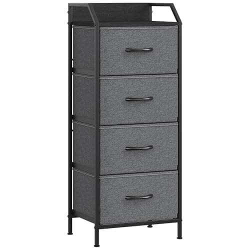 Image of Feonase 4-Drawer Chest of Drawers with Metal Frame & Top Back Panel – Modern Fabric Storage Cabinet for Bedroom, Living Room, Small Spaces (43x30x97cm, Deep Grey)