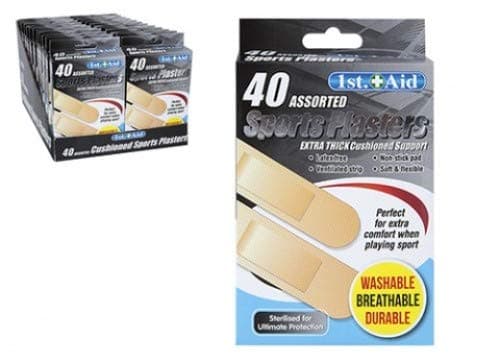 Image of 1st Aid - Assorted Sports Plasters - Pack of 40 Assorted Sizes, Extra Thick Cushioned Plasters