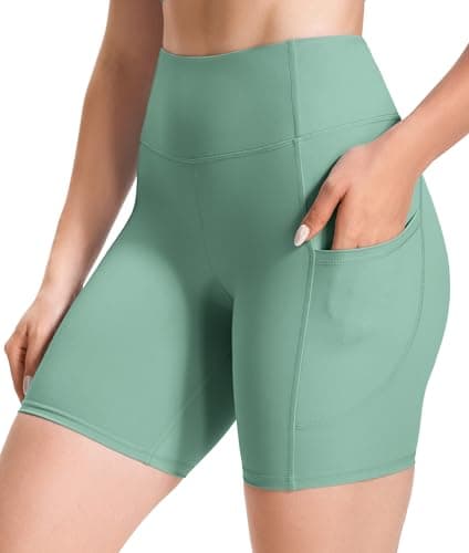 Image of JOYSPELS Cycling Shorts Women with Pockets High Waisted Non See Through Womens Activewear Shorts for Gym Workout Running Yoga Sport Exercise UK Granite Green M