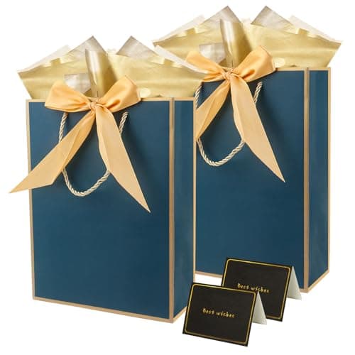 Image of 2 Pack Dark Blue Gift Bags with Tissue Paper for Presents, Medium Paper Gift Bags with Ribbons