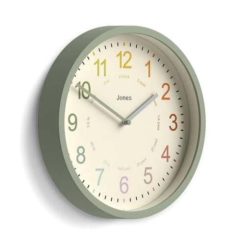 Image of Jones Clocks® Kids wall clock | Small modern children’s nursery clock | 25cm | Sage green | Colourful dial for learning to tell the time