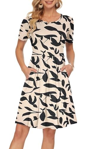 Image of AUSELILY Summer Dresses for Women UK Midi Casual Short Sleeve Pleated Loose Swing Dress with Pockets Apricot Black Leaf L