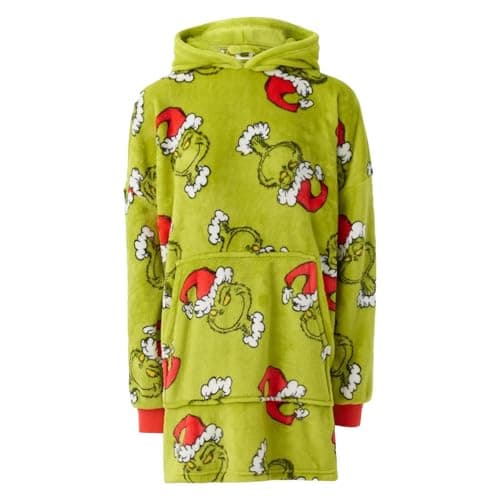 Image of The Grinch Adults Oversized Wearable Blanket | Men & Womens Fleece Fluffy SANTA Hat Embroidered Christmas Hooded Pullover | Seasonal Heavyweight Hoodie Loungewear | Xmas Movie Merchandise Gift