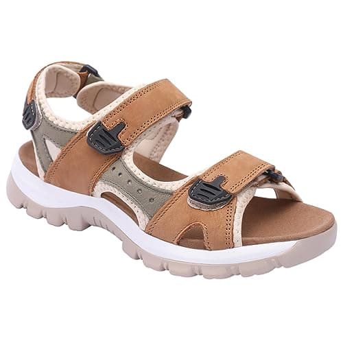 Image of Harssidanzar Women's Sports Hiking Sandals Adjustable Strap Leather Sandals For Women Outdoor Sports Sandals Walking SL256UK,Camel Grey, Size 6.5 UK