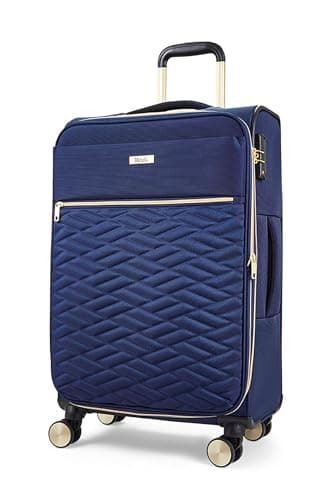 Image of Rock Sloane Medium Expandable Soft Shell Hold Suitcase in Navy - Signature London Styling, 360 Swivel-Wheels, Telescopic Handle, Stylish Gold Accents & TSA Combination Lock - 67 x 41 x 30 cm 2.7KG