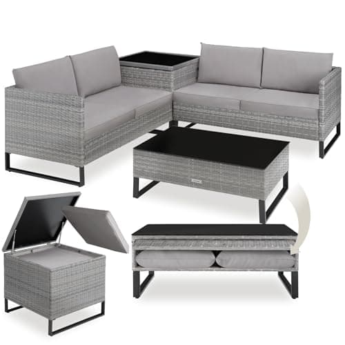 Image of tectake® Rattan Garden Furniture Set, Modular Corner Sofa with Table, Garden Storage Box & Water-Repellent Cushions, Outdoor Furniture with UV-Resistant Polyrattan & Sturdy Steel Frame - Mottled Grey