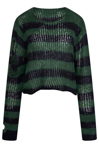 Image of Ro Rox Ryette Cropped Striped Knit Jumper for Women – Distressed Oversized Grunge Gothic Sweater, Long Sleeve Alternative Punk Alt Top Black-Green