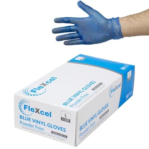 Image of FleXcel Blue Medium Disposable Vinyl Gloves – Box of 100 – Powder Free Latex Free Medical Grade Examination Gloves AQL 1.5 – Non-Sterile Food Safe Disposable Glove for Kitchen Prep & Handling