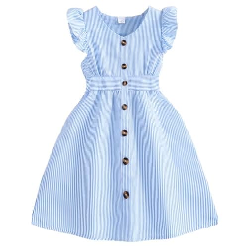 Image of Adixun Girl Dress Striped Short Sleeve Dresses A-line Party Summer Dress for Kids(Blue,5 Years)