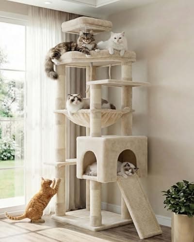 Image of Heybly Heavy Duty Cat Tree, 163cm Tall Tower for Large Indoor Cats with Widened Structure, Cat Furniture with Big Platforms, Extra-Large Hammock, Sisal Scratching Posts & Board, Beige HCT027M
