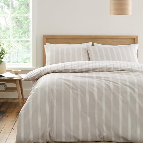 Image of Bianca Ashford Stripe 200 Thread Count Cotton Percale Reversible Single Duvet Cover Set with Pillowcase Natural