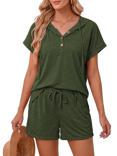 Image of Famulily Loungewear Sets for Women UK Summer Hoodies Tracksuit Leisure Suits Button Down Short Co Ord Set with Drawstring 2 Piece Outfits Army Green XL