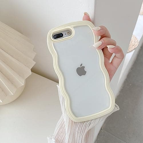 Image of QLTYPRI Compatible with iPhone 7 Plus Case, iPhone 8 Plus Transparent Mobile Phone Case Aesthetic Curly Case Women Girls Cute Wave Design Silicone TPU Bumper Protective Case - Yellow