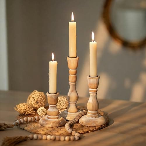 Image of NUPTIO Wooden Candlestick Holder Rustic: Set of 3 Vintage Wood Candle Stick Holder White Taper for Wedding Birthday Party Holiday Christmas Home Dining Table Decor Candleholders