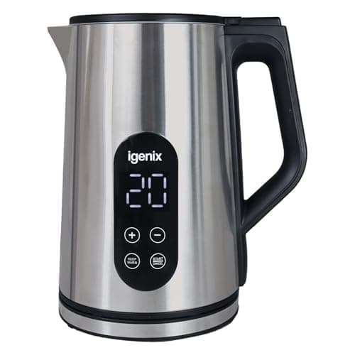 Image of Igenix 3000W Jug Kettle, 4 Hour Keep Warm Function, Temperature Set, Auto Shut Off, Boil-Dry Protection, 360° Cordless Base, Stainless Steel, IGK01550SS (1.5L Digital)