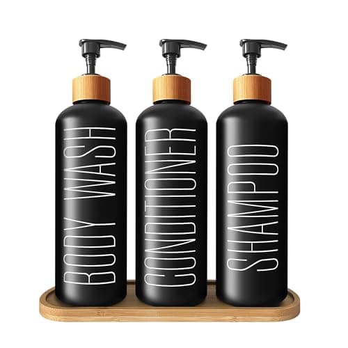 Image of Black Glass Shampoo & Conditioner Dispenser Set with Bamboo Pumps & Tray - 3 Refillable Bottles for Shower, Pre-Labelled for Body Wash, Shampoo, Conditioner - 16.9oz/500ml Each
