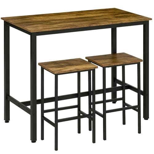 Image of HOMCOM 120x60cm Bar Table Set, Breakfast Table with 2 Stools, 3-Piece Counter Height Dining Table & Chairs for Kitchen, Living Room, Rustic Brown