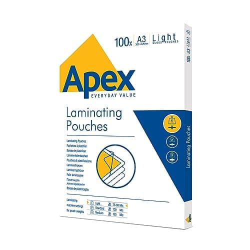 Image of Fellowes Apex A3 Laminating Pouches, Glossy Finish, 100 Sheets, 160 Micron (2 x 80 Micron) Light Duty - Ideal for Notices and Photos