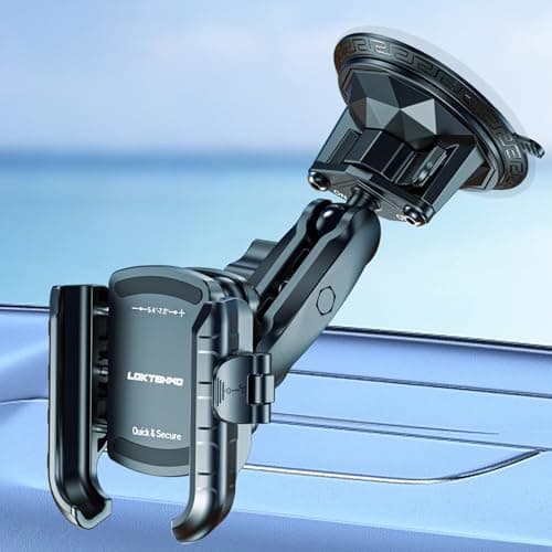 Image of LOKTENWO Phone Mount Holder with Vibration Dampener & Twist-Lock Suction Cup Base, [Camera Friendly] [1s Lock & Release] with Metal Medium Arm for Vehicle Windshields, Fit 5.4''-7.2'' Smartphones