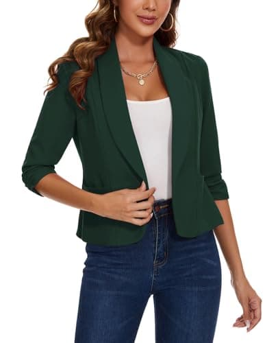 Image of LADI TREND Cropped Blazer for Women 3/4 Ruched Sleeve Lapel Suit Open Front Tailored Jacket (Dark Green M)